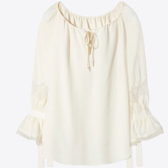 Tory Burch Christy Boat Neck, Lace Inset Long Sleeve Silk Blouse Small - Picture 3 of 12
